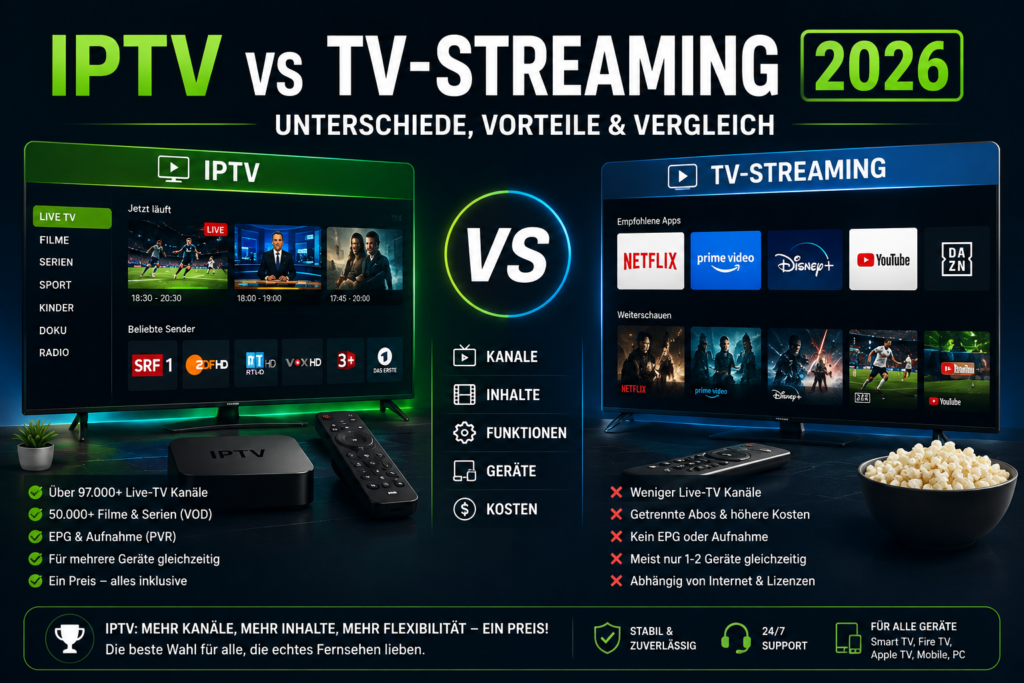 IPTV vs TV-Streaming 2026 – Unterschiede, Vorteile und Vergleich